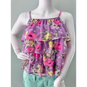 Cherokee Purple Floral Chiffon Tiered Tank Top Cami Girls 10/12 Large Kawaii